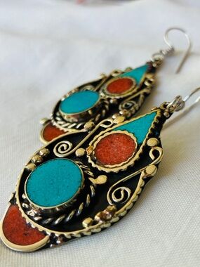 Tibetan-Style Turquoise & Coral Inlay Earrings, Silver-Tone Filigree / Bohemian